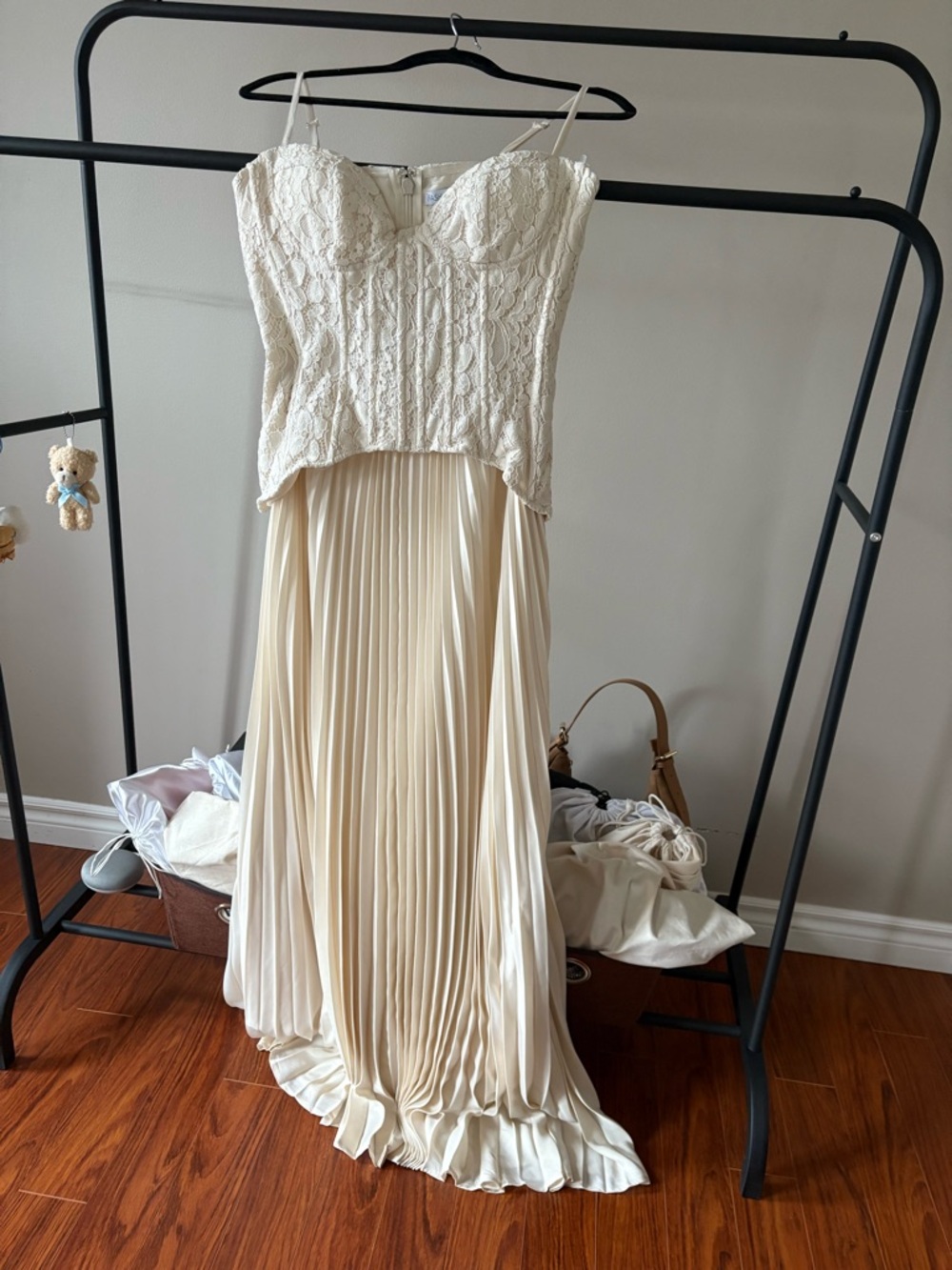 Fashion Nova Cream Lace Bustier Pleated Maxi Dress